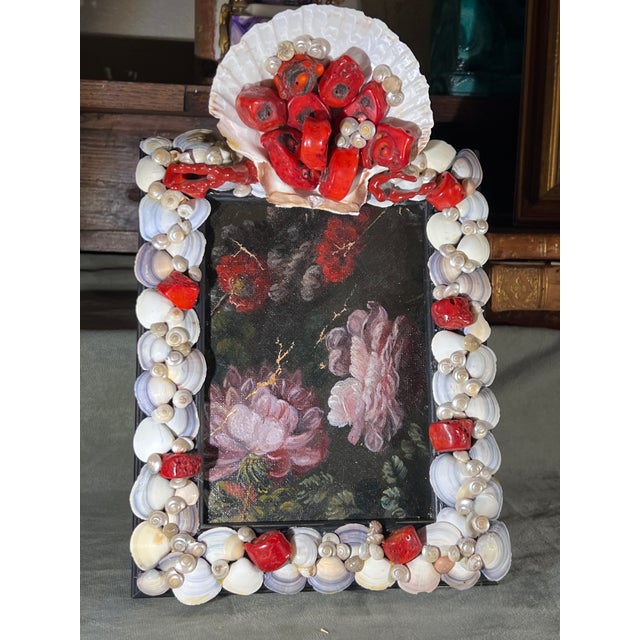 Vintage Mediterranean Grotto Baroque Style Frame With Dutch Oil on Canvas Still Life Painting Fragment. Dimensions: Height...