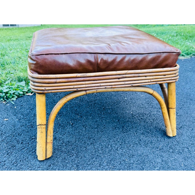 Vintage 1950s Square Bamboo Footstool With Vinyl Cushion For Sale - Image 4 of 5