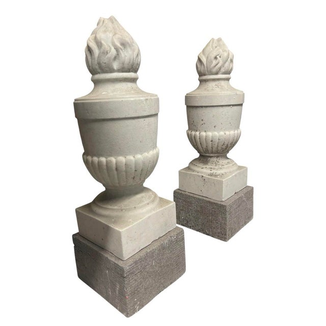 A Pair of Vintage Neoclassical Carved White Marble Flame Finials on Granite Bases For Sale - Image 4 of 12