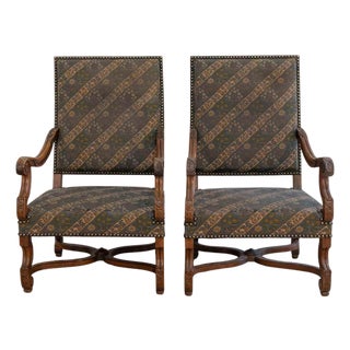 Pair of French Walnut Armchairs with X-Form Crossbars, Circa 1900 For Sale