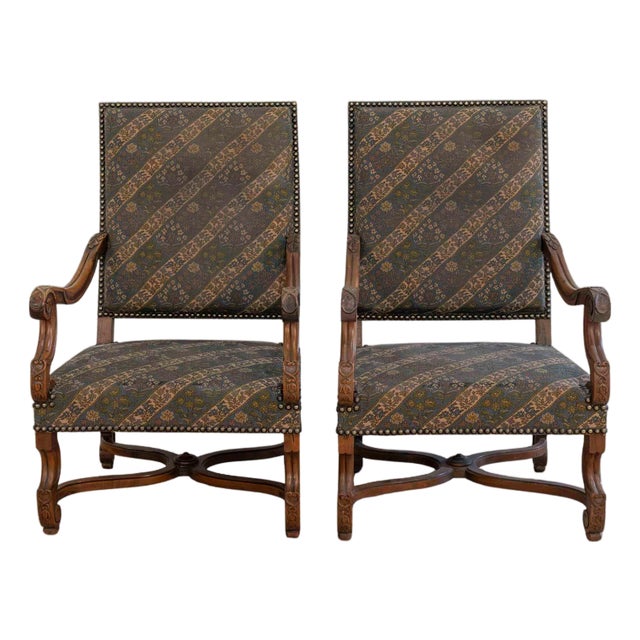 Pair of French Walnut Armchairs with X-Form Crossbars, Circa 1900 For Sale