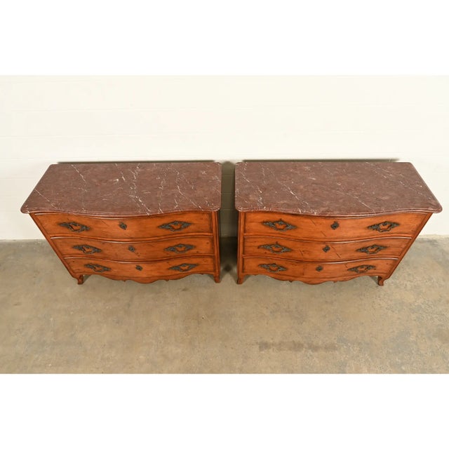 Wood Ralph Lauren French Provincial Louis XV Carved Walnut Marble Top Commodes or Chests of Drawers, Pair For Sale - Image 7 of 16