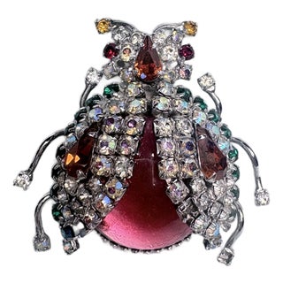 Vendôme Rhinestone Ladybug Beetle Brooch Red Lucite Figural Insect Pin Signed For Sale