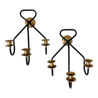 Vintage Scandinavian Style Three-Arm Wall Sconces, Brass and Black Enamel Iron, a Pair For Sale