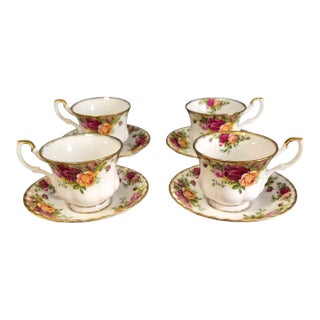 Vintage Royal Albert England Set of Four Old Country Rose Cups & Saucers - Set of 8 For Sale