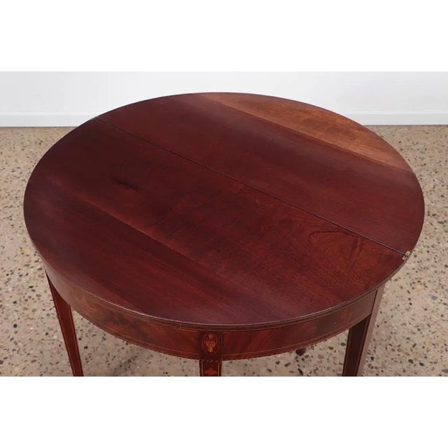 1940s Inlaid Mahogany and Satinwood Demilune Console That Converts to Game Table For Sale - Image 4 of 6