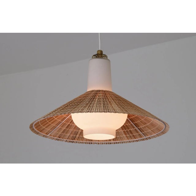 1950s Pendant in Opal Glass, Lamellar Aspen Wood and Brass by Paavo Tynell for Idman, 1950s For Sale - Image 5 of 11