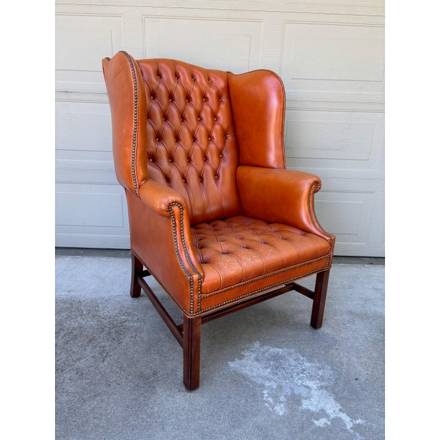 Copper Vintage Chesterfield Georgian Leather Wing Back Button Tufted Chair Ottoman Brass Nailhead For Sale - Image 8 of 16