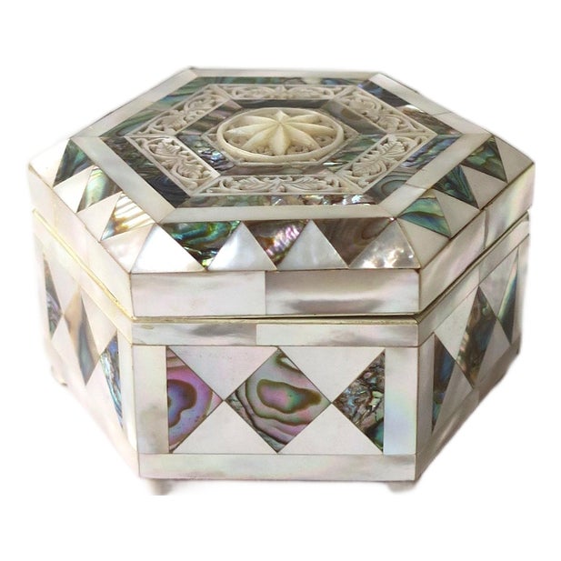 Mother of Pearl Abalone Seashell Jewelry Box, Moorish Design Style, 20th C For Sale