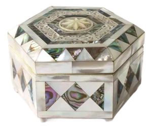 Mother of Pearl Abalone Seashell Jewelry Box, Moorish Design Style, 20th C