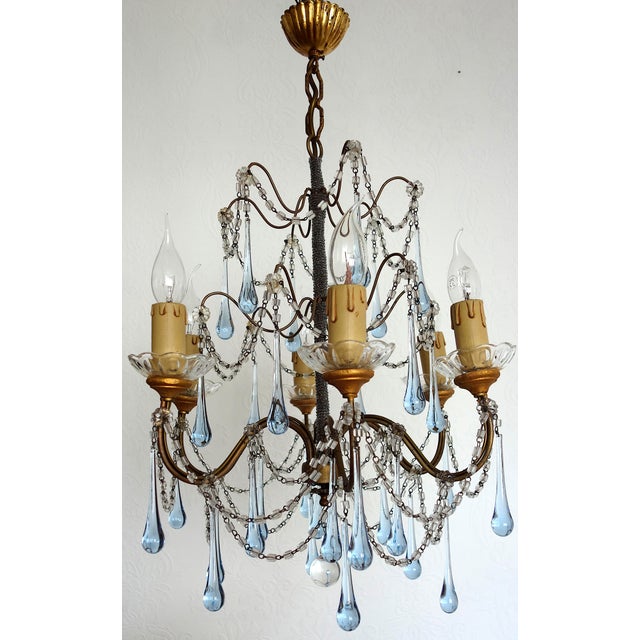 Antique Gilded Metal Murano Glass Drop Six-Light Chandelier, 1930s For Sale - Image 11 of 14