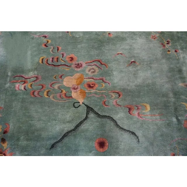 1920s Green Vase Floral Antique Chinese Art Deco Carpet 8'6" X 11'4" Knotted Wool Rug For Sale - Image 10 of 15