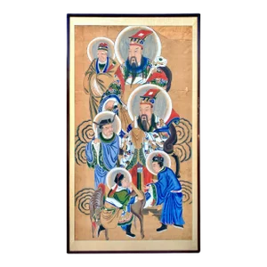 Early 20th Century Chinese Religious Figures Old Asian Folk Art Large Painting on Rice Paper Scroll Framed