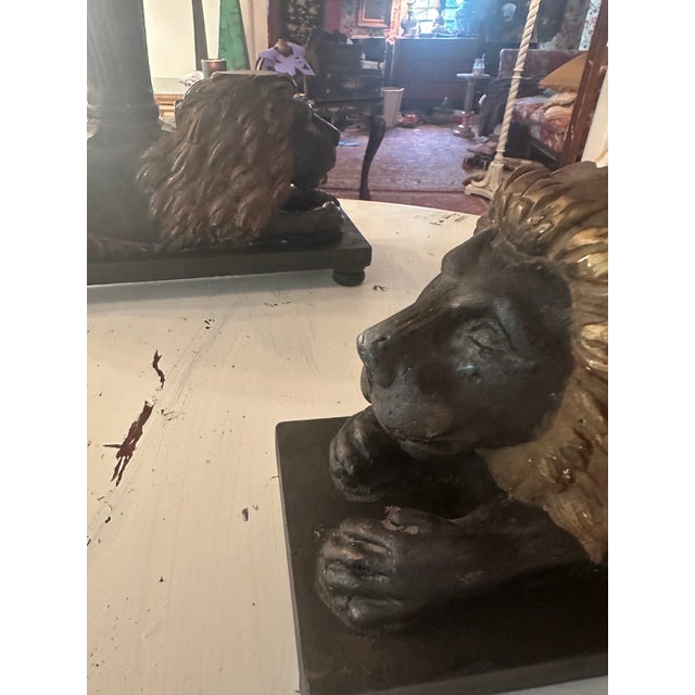 Red Pair of 1930s Black and Gold Spanish Renaissance Revival End Side Tables With Lions and Red Velvet C For Sale - Image 8 of 12