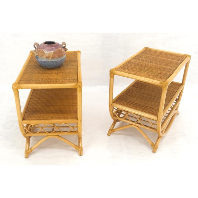 Pair Rattan Bamboo Grass Cloth Top Two Tier End Side Tables Stands Magazine Rack For Sale - Image 10 of 14