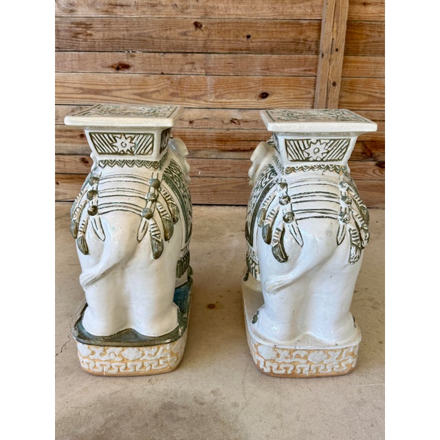 Chinoiserie Pair Vintage Chinoiserie Regency Glazed Terracotta Ceramic Elephant Garden Seat Side Tables For Sale - Image 3 of 12