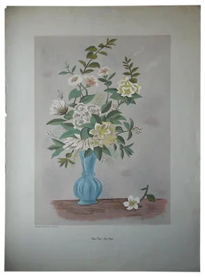 Vintage Silkscreen Blue Vase With Bouquet