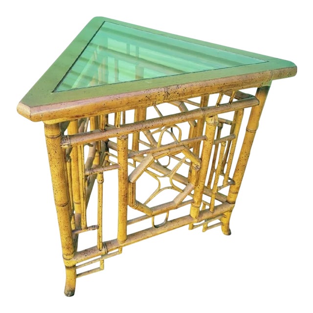 Vintage Chinese Chippendale Regency Bamboo Triangle Small Glass Top Side Table For Sale