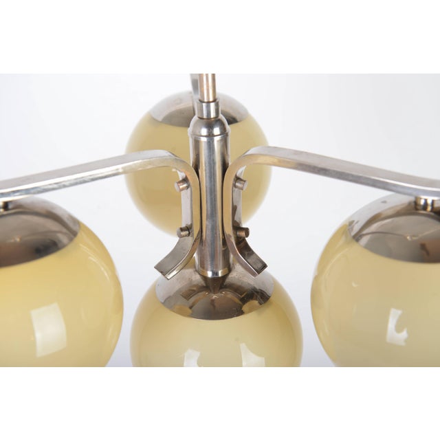 Metal Art Deco Bauhaus Nickel Plated Chandelier with Opaline Glass, 1930s For Sale - Image 7 of 9