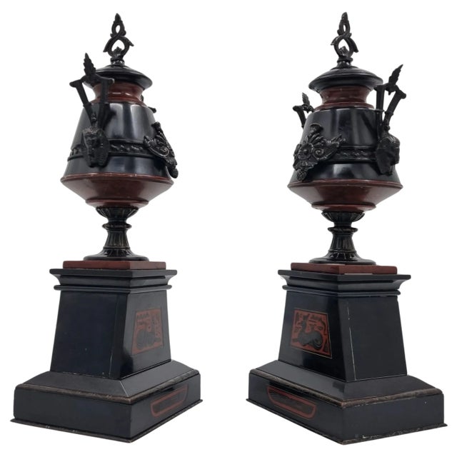 Antique Egyptian Revival Marble and Bronze Cassolettes, Set of 2 For Sale - Image 3 of 9