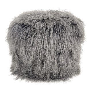 Dark Gray Mongolian Sheepskin Square Pouf by Tasha Tarno For Sale