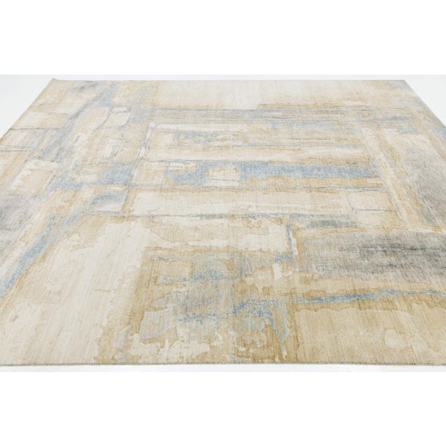 Abstract Abstract Ethereal Modern Rug – Hand-Loom Wool & Nylon Blend in Sand and Blue For Sale - Image 3 of 10