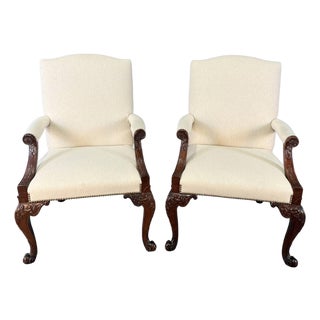 Late 20th Century Pair of Baker Furniture Stately Homes Gainsborough Arm Chairs in White For Sale