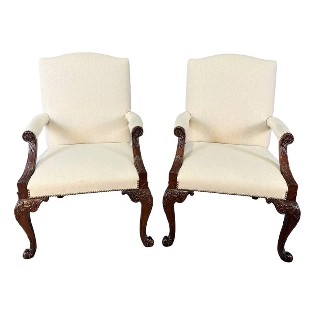Late 20th Century Pair of Baker Furniture Stately Homes Gainsborough Arm Chairs in White For Sale