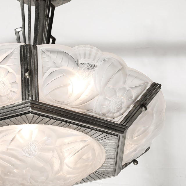Glass Pair of Art Deco Hexagonal Frosted Glass & Nickeled Bronze Chandeliers by Degue For Sale - Image 7 of 18