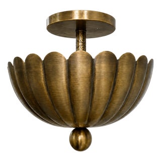 Vintage Brass Shell Semi Flush Mount Light, Handmade Scalloped Brass Ceiling Chandelier, Art Deco Brass Fixture, Mid Century Ceiling Light For Sale