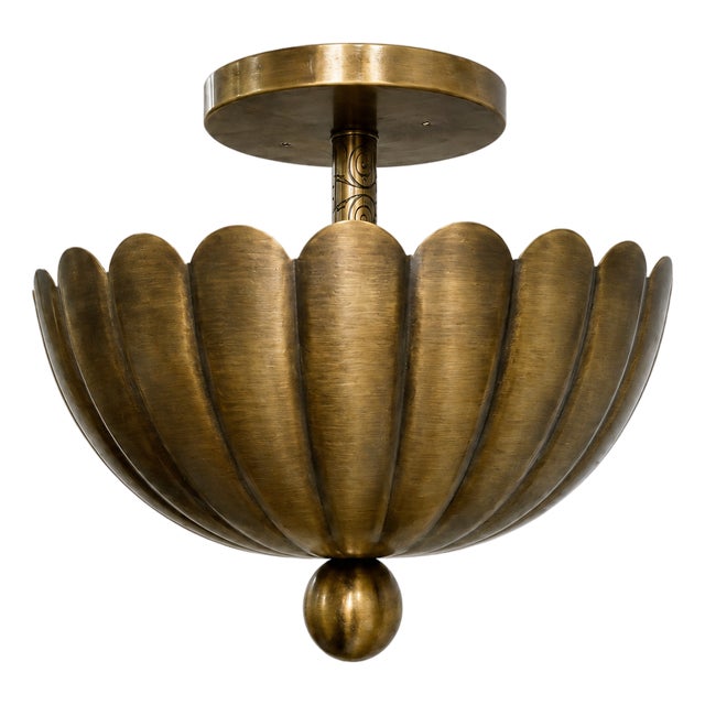Vintage Brass Shell Semi Flush Mount Light, Handmade Scalloped Brass Ceiling Chandelier, Art Deco Brass Fixture, Mid Century Ceiling Light For Sale