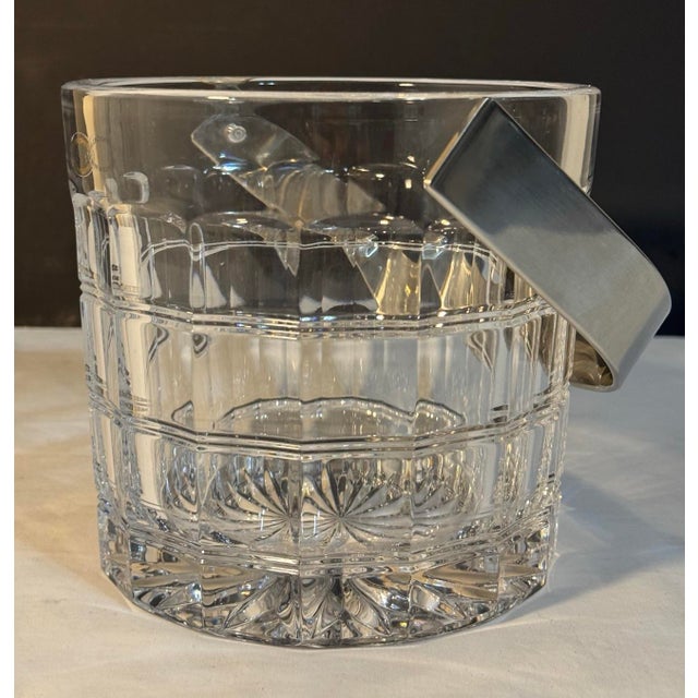 Vintage Slovenia Crystal Window Pane Pattern Ice Bucket Nickel Metal Handle For Sale - Image 11 of 11