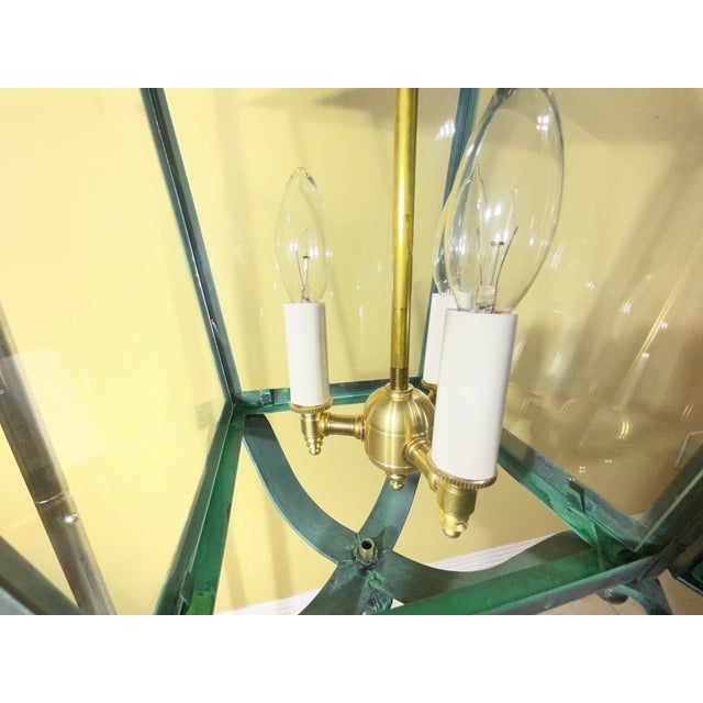 Pair of Solid Verdigris Brass Hanging Lanterns. 14” X 14” X 33” For Sale - Image 10 of 16