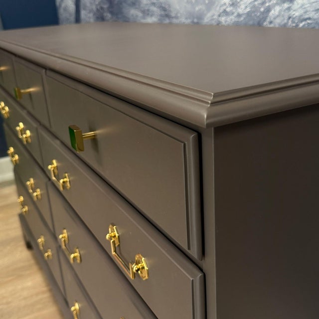 Ethan Allen Mid-Century 9-Drawer Lowboy Dresser, Brown Matte Lacquer, Polished Brass Hardware For Sale - Image 4 of 11