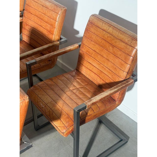 Vintage Cognac Leather Cantilever Armchairs, Set of 6 For Sale - Image 4 of 7