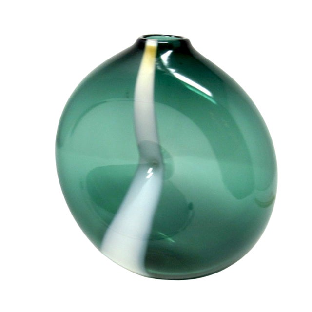 Hand-Blown Dimpled Green Glass Vase With White Stripe For Sale In Los Angeles - Image 6 of 9