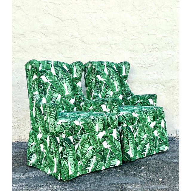 Vintage Coastal Palm Frond Skirted Wingback Chairs - a Pair For Sale - Image 14 of 18