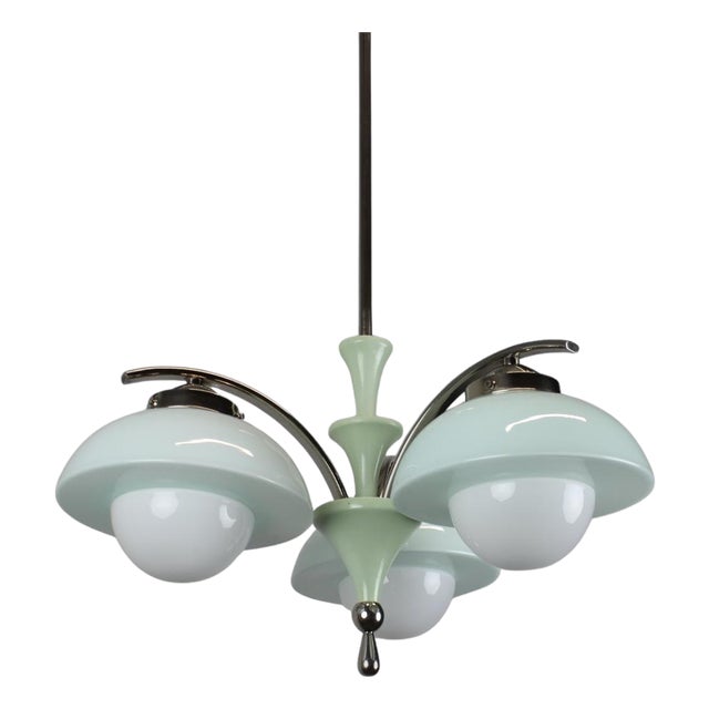 Art Deco Mint Glass and Chrome Chandelier, Former Czechoslovakia, 1930s For Sale