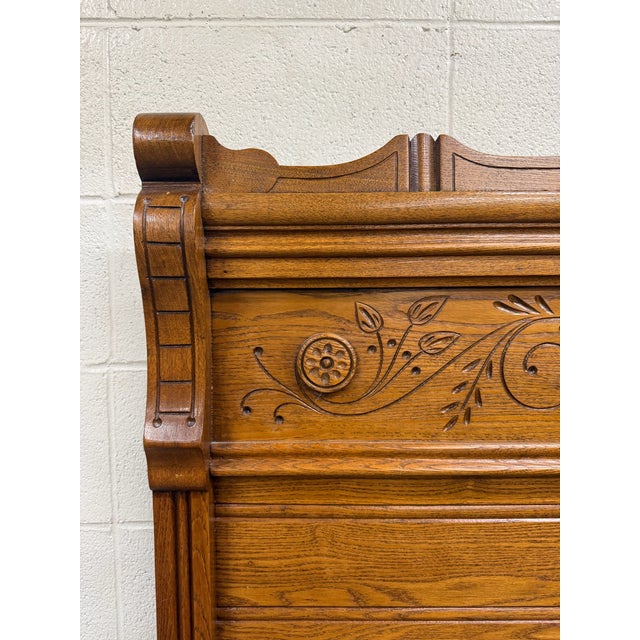 Antique Full Size Victorian Eastlake Carved Oak High Back Bed For Sale - Image 9 of 16