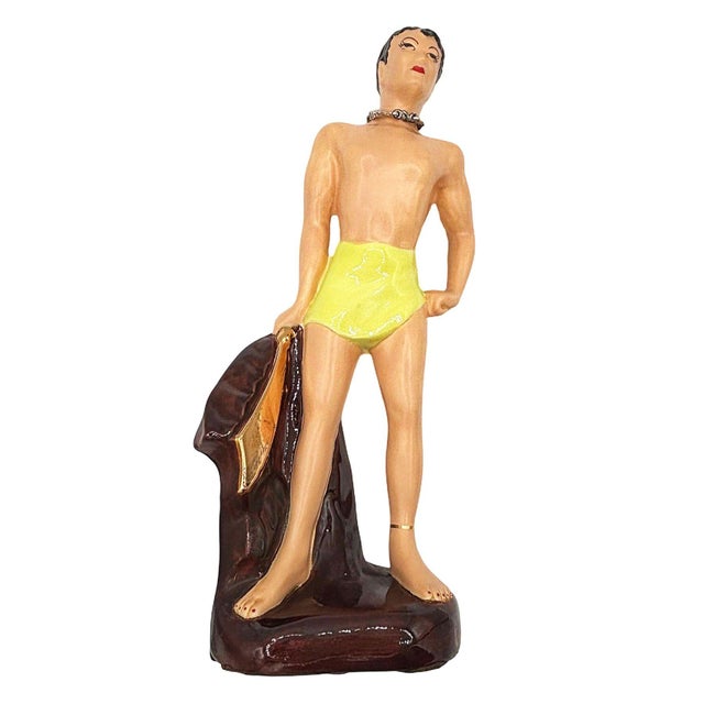 Mid 20th Century Hand Painted Hawaiian Hula Girl & Male Surfer Ceramic Statue Set For Sale In Los Angeles - Image 6 of 9