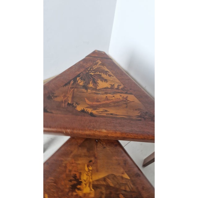 Khaki Nesting Tables in Inlaid Wood with Scenes of River Life, 1940s, Set of 4 For Sale - Image 8 of 17