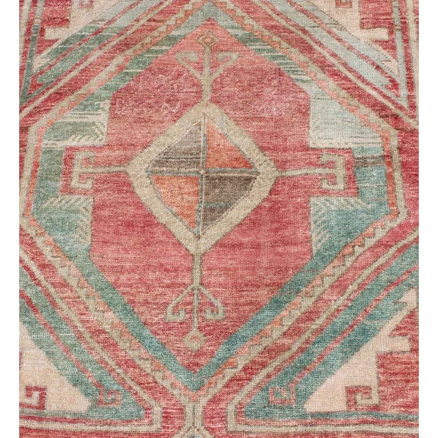Vintage Turkish Oushak Runner With Coral Red, Soft Teal, and Warm Beige For Sale - Image 9 of 12
