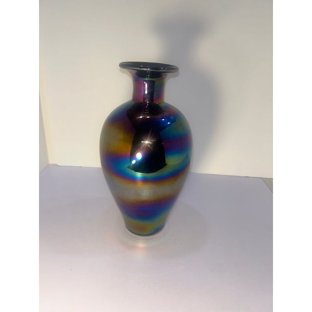 Vintage 11" Iridescent Art Glass Vase in Cobalt Amethyst – Czech / Kralik Style For Sale - Image 10 of 13