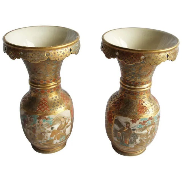 19th Century Japanese Meiji Period Satsuma Ceramic Vases with Geometric Design, Set of 2 For Sale - Image 5 of 5