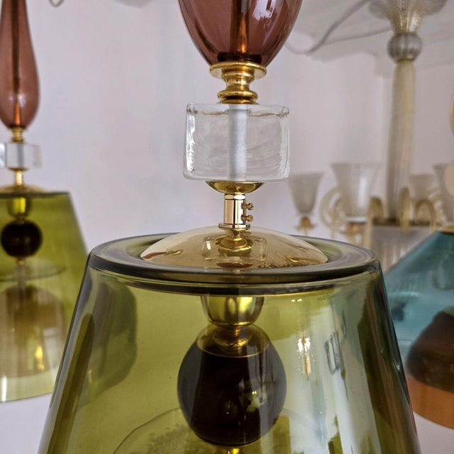 Green Pair of Olive Green Murano Pendant Lights, Italy For Sale - Image 8 of 13
