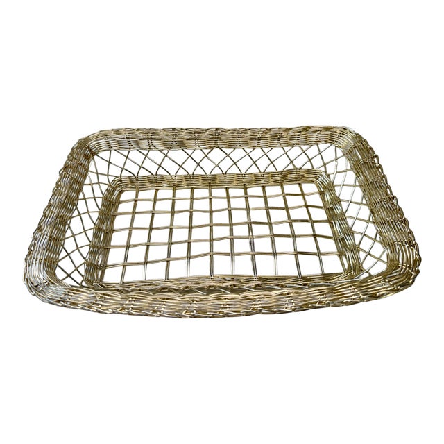 Vintage Handwoven Silver Rectangular Basket For Sale