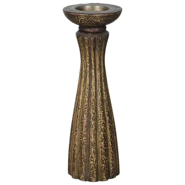 Art Deco Early 20th Century Rustic Carved Wood Candle Stand With Brass Cladding For Sale - Image 3 of 3