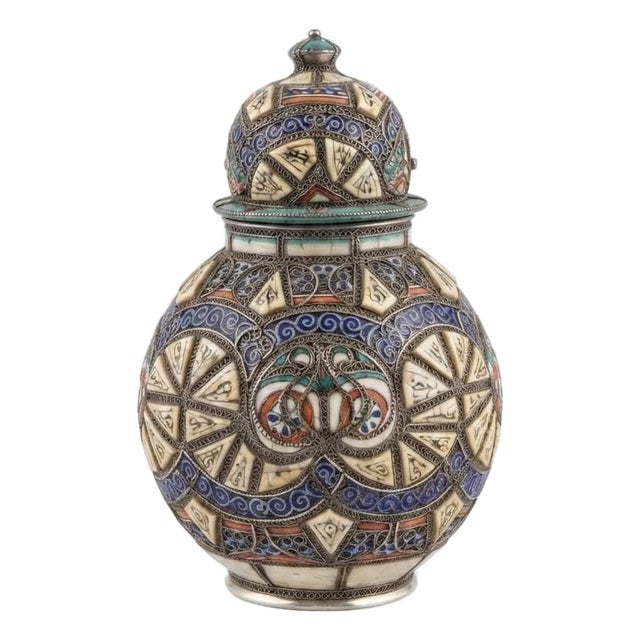 Pottery Jar With Maillechort & Bone Inlay For Sale