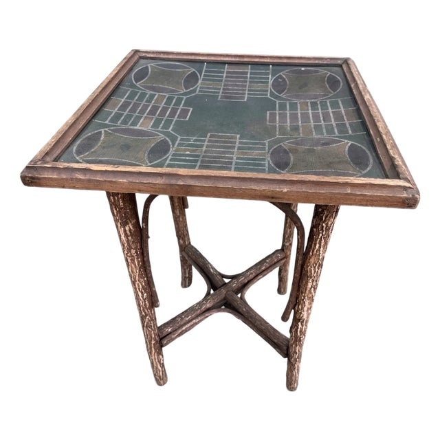 Vintage Adirondack Willow Twig Parcheesi Game Table With Painted Board For Sale