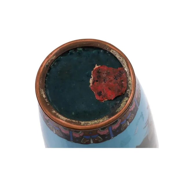 Cerulean Pair of Large Antique Japanese Cloisonne Enamel Meiji Vases With Birds For Sale - Image 8 of 9